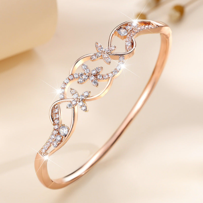 Women’s Copper Bangle With Twist Pattern And Flowers, Inlaid With Rhinestones, Available In Gold