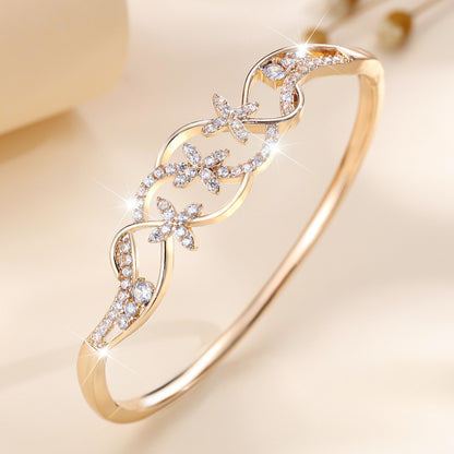 Women’s Copper Bangle With Twist Pattern And Flowers, Inlaid With Rhinestones, Available In Gold