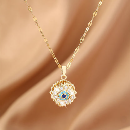 Devil's Eye Rotatable Pendant Necklace For Women In Copper With Zircon Inlay And Cable Chain