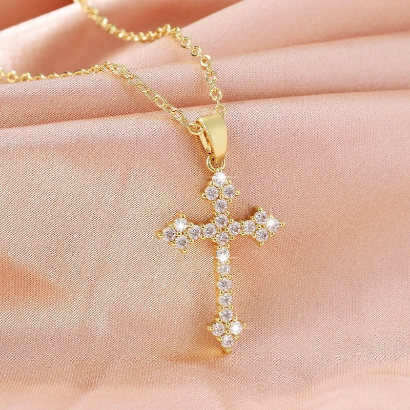 Cross Necklace With Electroplated Copper Cable Chain Featuring Zircon Inlay, Unisex Design