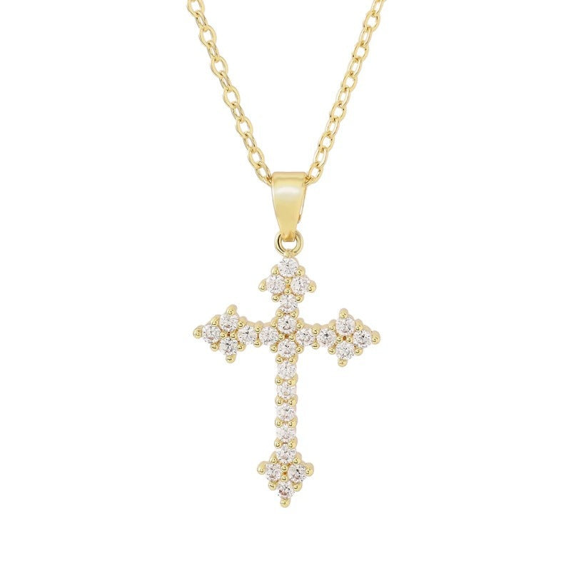 Electroplated Copper Cross Pendant Necklace For Women With Zircon Inlay And Cable Chain