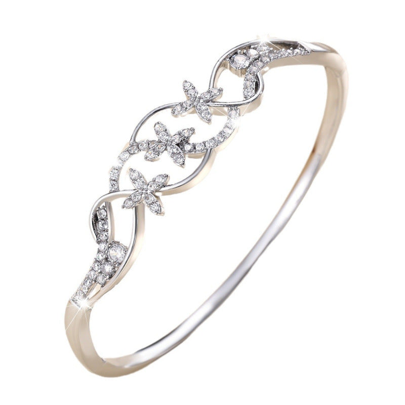 Women’s Copper Bangle With Twist Pattern And Flowers, Inlaid With Rhinestones, Available In Gold