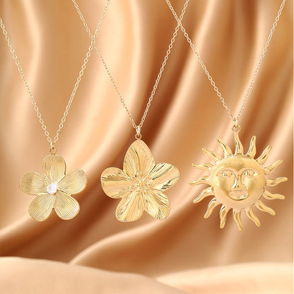 Vintage Style Asymmetrical Flowers Pendant Necklace For Women In Copper With Rhinestone Inlay