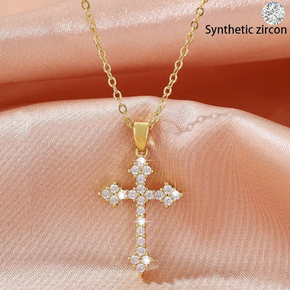Cross Necklace With Electroplated Copper Cable Chain Featuring Zircon Inlay, Unisex Design