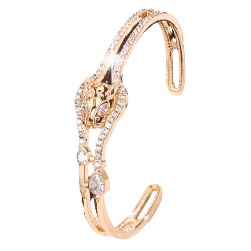 Luxurious Jaguar Inlay Bangle In Copper With Zircon, Electroplated Gold Plating Process
