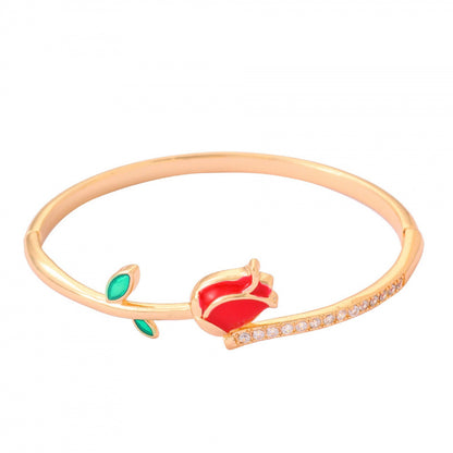 Luxurious Flowers Inlay Copper Bangle For Women With Electroplated Gold Plating And Rhinestone Details