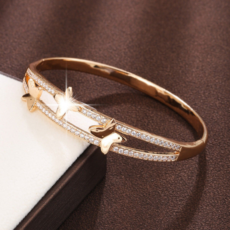 Butterfly Inlay Bangle In Copper With Zircon, Electroplated Gold Plating Process