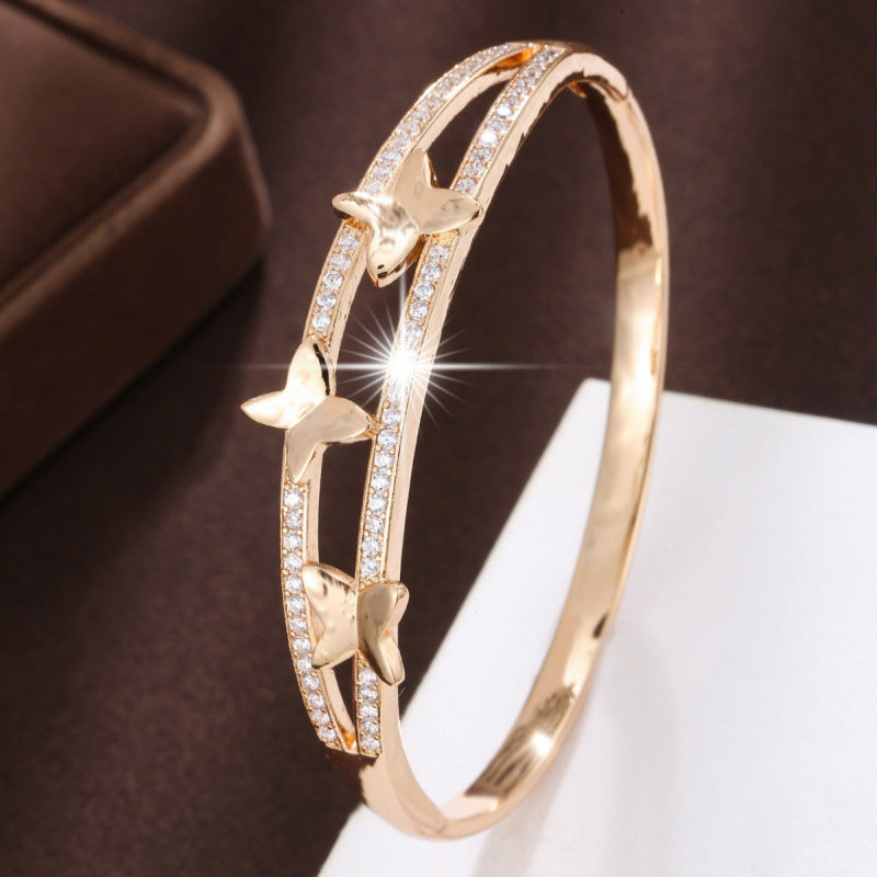 Butterfly Inlay Bangle In Copper With Zircon, Electroplated Gold Plating Process