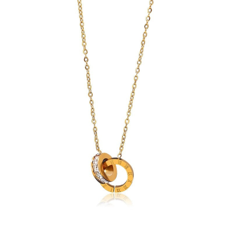 Double Ring Necklace For Women In , Rose Gold Titanium Steel With Zircon Inlay And Cable Chain