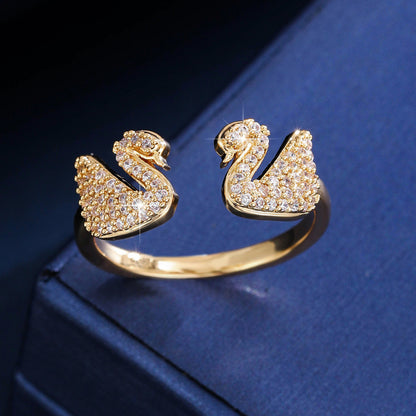 Swan Open Ring For Women In Gold Copper With Zircon Inlay, Perfect For Spring