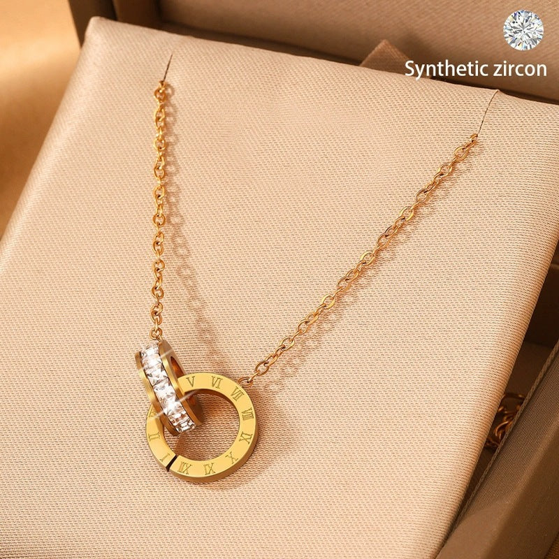 Double Ring Necklace For Women In , Rose Gold Titanium Steel With Zircon Inlay And Cable Chain