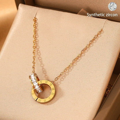 Double Ring Necklace For Women In , Rose Gold Titanium Steel With Zircon Inlay And Cable Chain