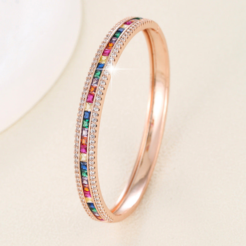 Basic Style Copper Bangle With Electroplated Gold Plating And Zircon Inlay Gem Design