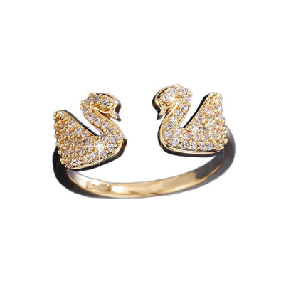 Swan Open Ring For Women In Gold Copper With Zircon Inlay, Perfect For Spring