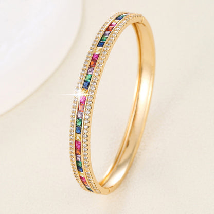 Basic Style Copper Bangle With Electroplated Gold Plating And Zircon Inlay Gem Design