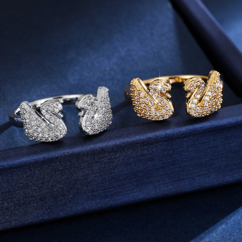 Swan Open Ring For Women In Gold Copper With Zircon Inlay, Perfect For Spring