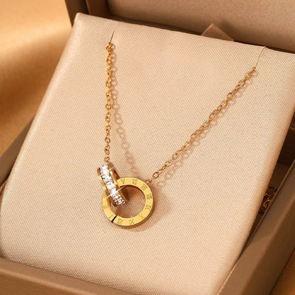 Double Ring Necklace For Women In , Rose Gold Titanium Steel With Zircon Inlay And Cable Chain