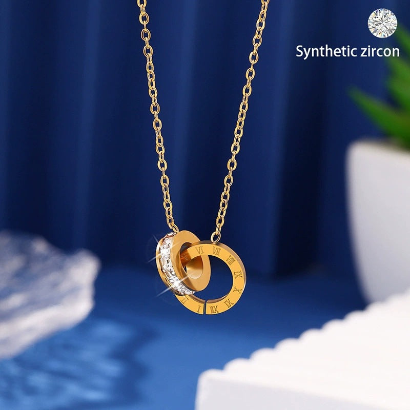 Double Ring Necklace For Women In , Rose Gold Titanium Steel With Zircon Inlay And Cable Chain