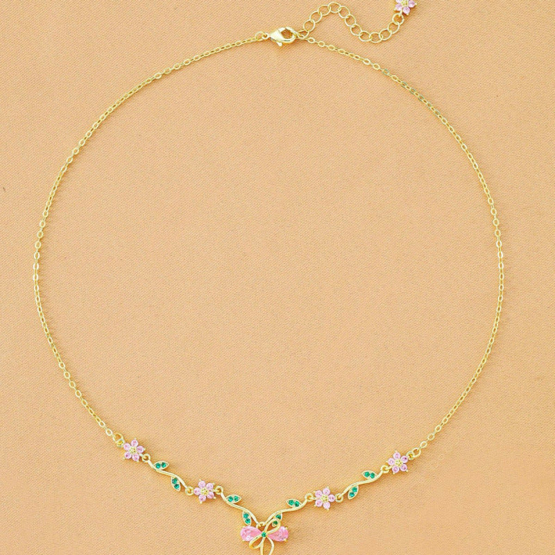 Blue Flowers Necklace For Women With Copper Pendant And Zircon Inlay, Featuring A Delicate Cable Chain