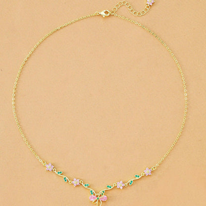 Blue Flowers Necklace For Women With Copper Pendant And Zircon Inlay, Featuring A Delicate Cable Chain