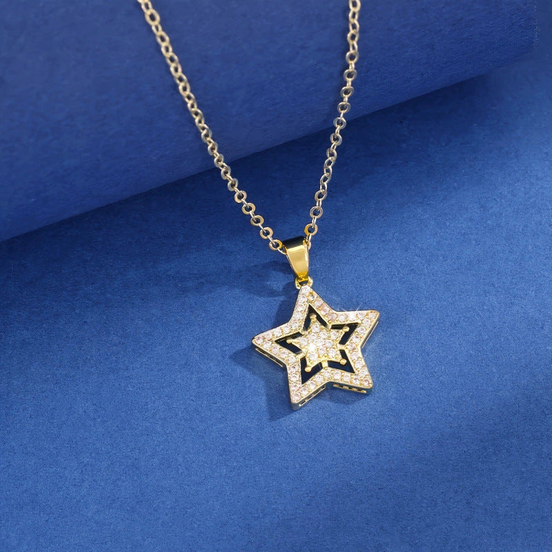 Pentagram Necklace For Women With Copper Bezel Setting And Rhinestones On Cable Chain