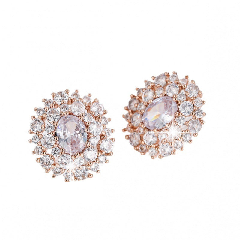 Silver Flowers Stud Earrings For Women Featuring Copper Ear Pins And Zircon Inlay