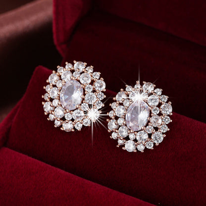Silver Flowers Stud Earrings For Women Featuring Copper Ear Pins And Zircon Inlay