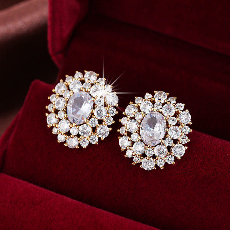 Silver Flowers Stud Earrings For Women Featuring Copper Ear Pins And Zircon Inlay