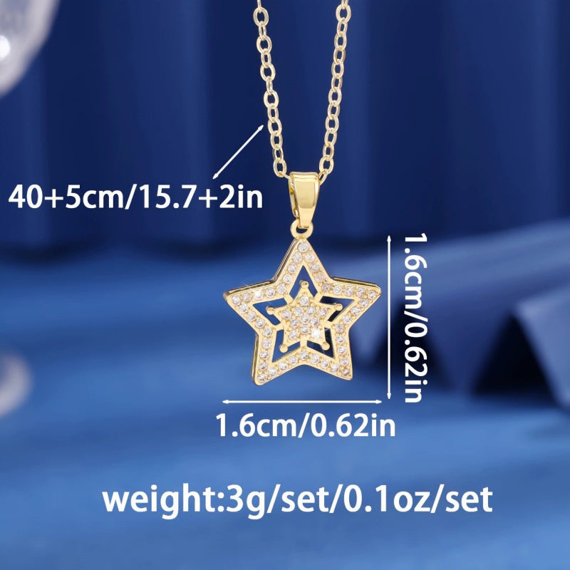 Pentagram Necklace For Women With Copper Bezel Setting And Rhinestones On Cable Chain