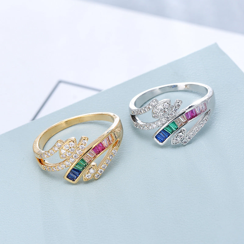 Simple Style Leaf Zircon Ring For Women In Elegant Colour