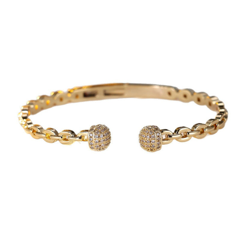 Luxurious Round Copper Bangle For Women With Zircon Inlay And Electroplated Gold Plating