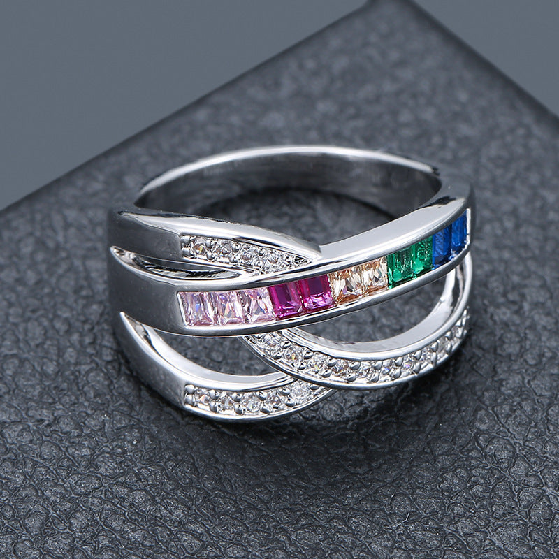 Simple Style Rainbow Rings For Women In Electroplated Copper With Zircon Inlay