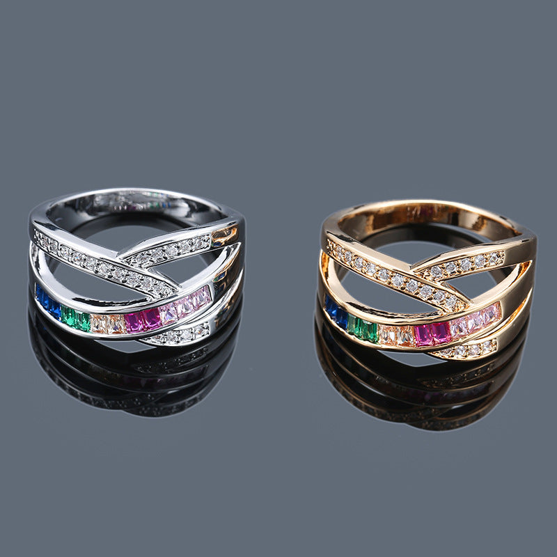Simple Style Rainbow Rings For Women In Electroplated Copper With Zircon Inlay