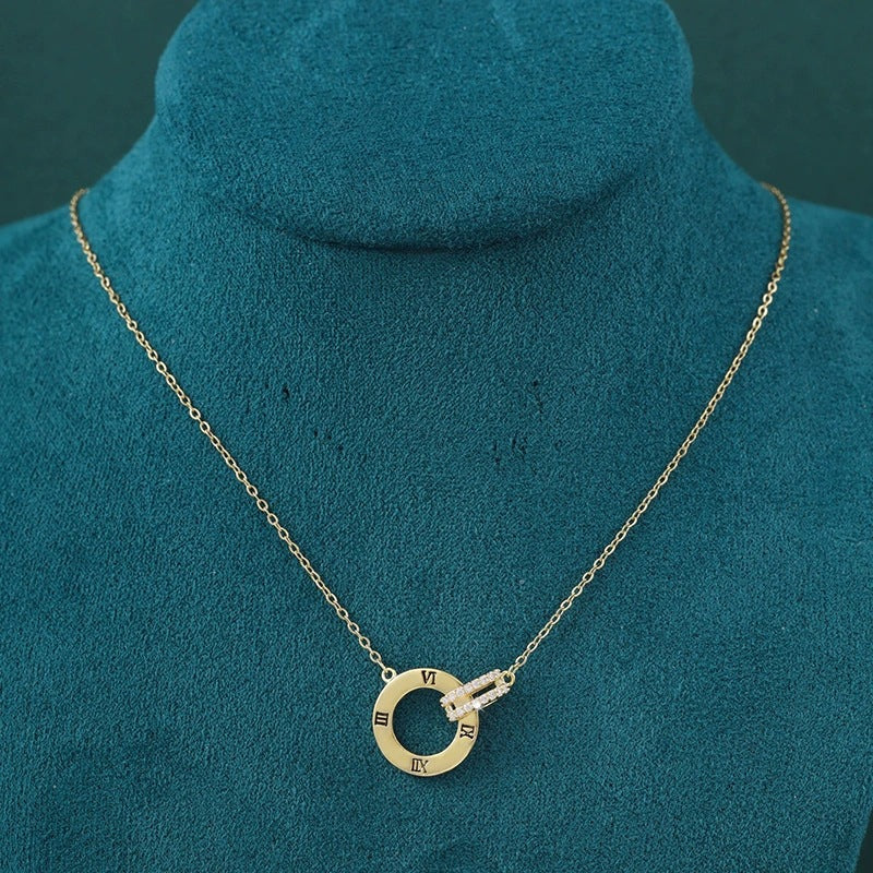 Double Ring Necklace For Women In Silver With Bezel Setting, Copper Material, Zircon Inlay, And Cable Chain