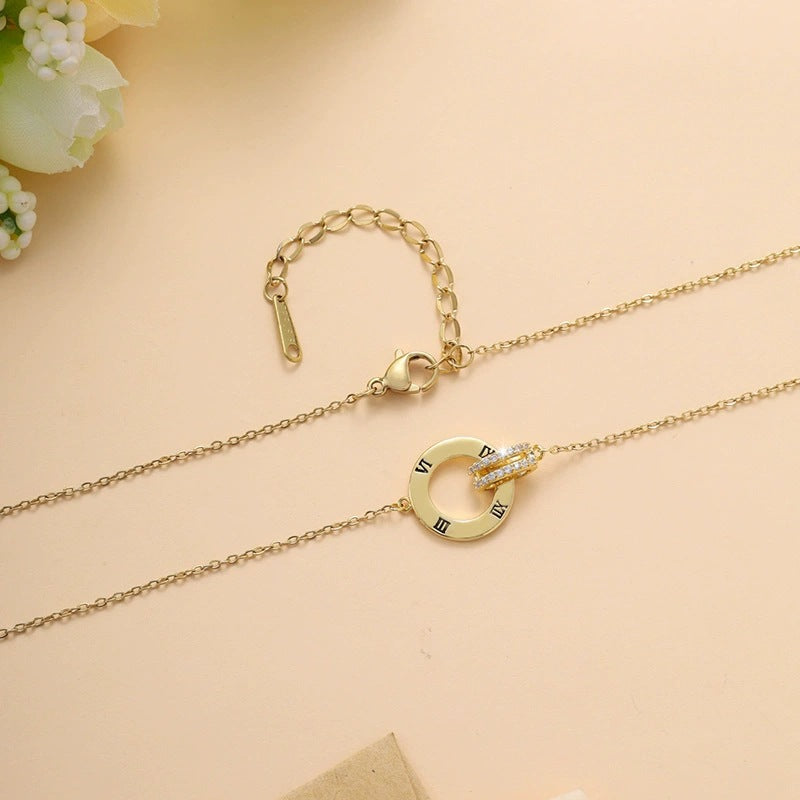 Double Ring Necklace For Women In Silver With Bezel Setting, Copper Material, Zircon Inlay, And Cable Chain