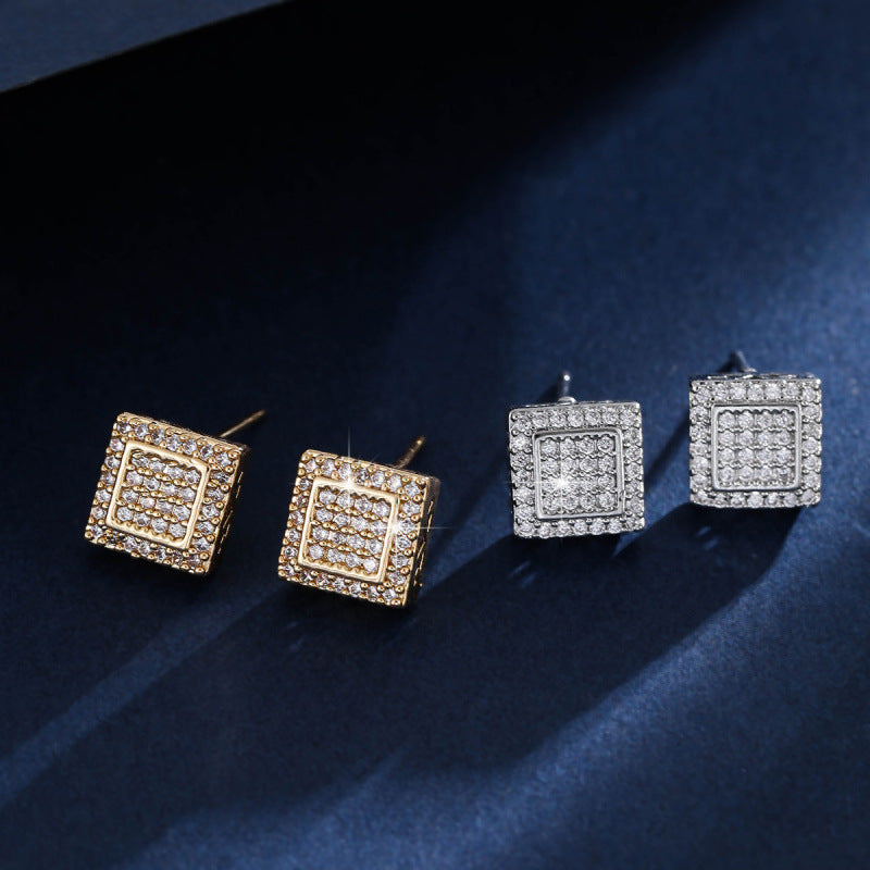Hip-Hop Square Stud Earrings For Women In Gold Copper Featuring Zircon Inlay