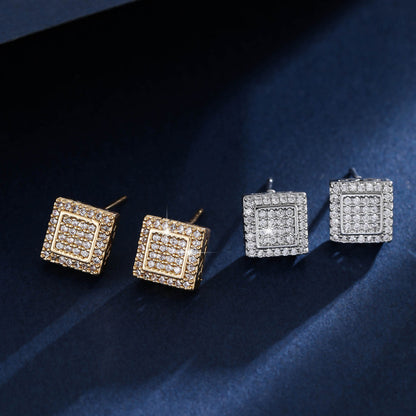 Hip-Hop Square Stud Earrings For Women In Gold Copper Featuring Zircon Inlay