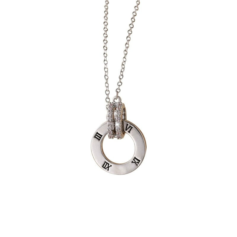 Double Ring Necklace For Women In Silver With Bezel Setting, Copper Material, Zircon Inlay, And Cable Chain