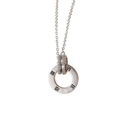Double Ring Necklace For Women In Silver With Bezel Setting, Copper Material, Zircon Inlay, And Cable Chain