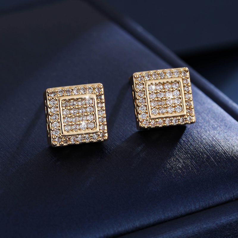 Hip-Hop Square Stud Earrings For Women In Gold Copper Featuring Zircon Inlay