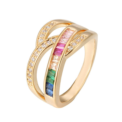 Simple Style Rainbow Rings For Women In Electroplated Copper With Zircon Inlay