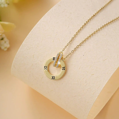Double Ring Necklace For Women In Silver With Bezel Setting, Copper Material, Zircon Inlay, And Cable Chain