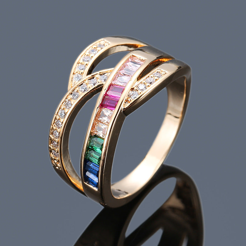 Simple Style Rainbow Rings For Women In Electroplated Copper With Zircon Inlay