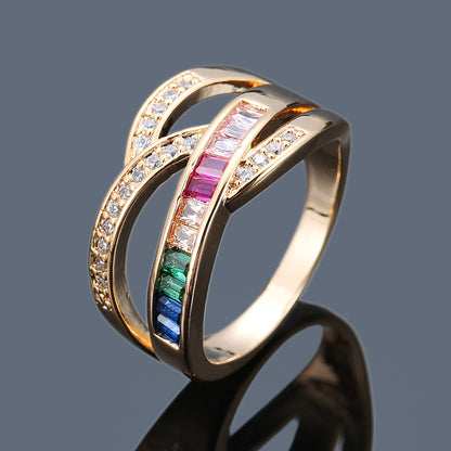 Simple Style Rainbow Rings For Women In Electroplated Copper With Zircon Inlay