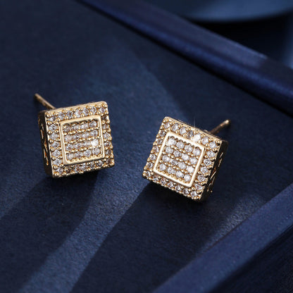 Hip-Hop Square Stud Earrings For Women In Gold Copper Featuring Zircon Inlay