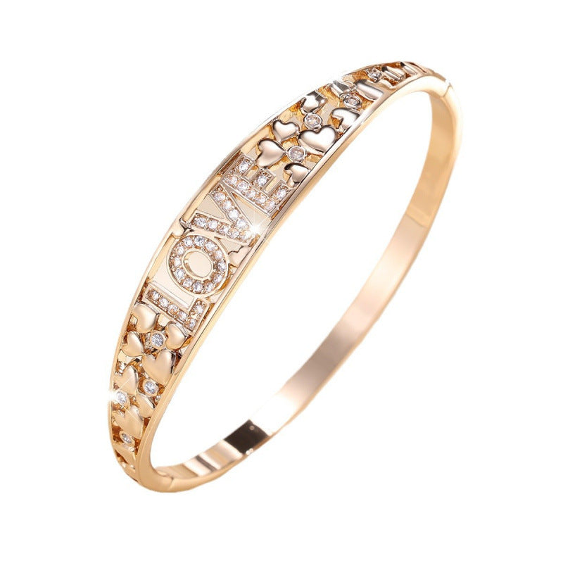 Elegant Love Inlay Bangle For Women, Copper Material With Zircon Inlay And Electroplated Gold Plating