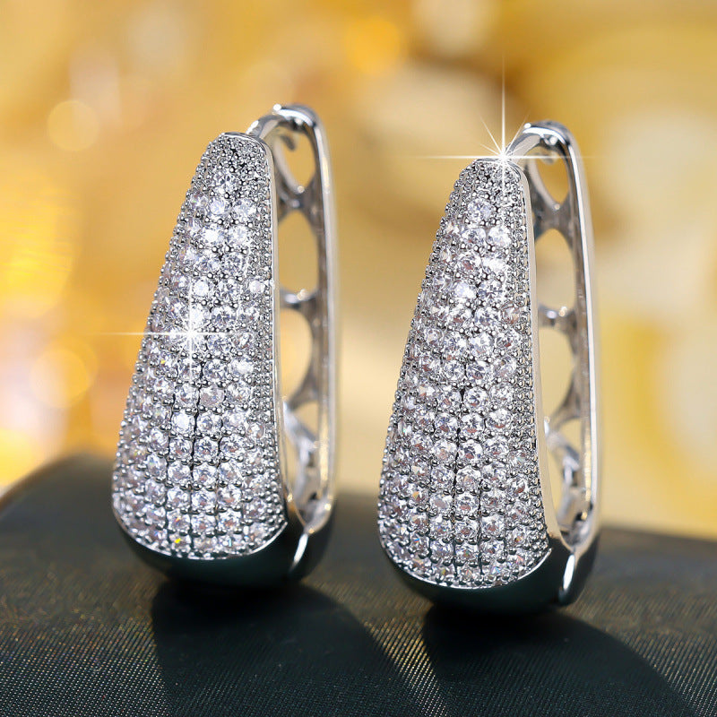 Geometric Silver Earrings For Women Featuring Copper Ear Pins And Zircon Inlay
