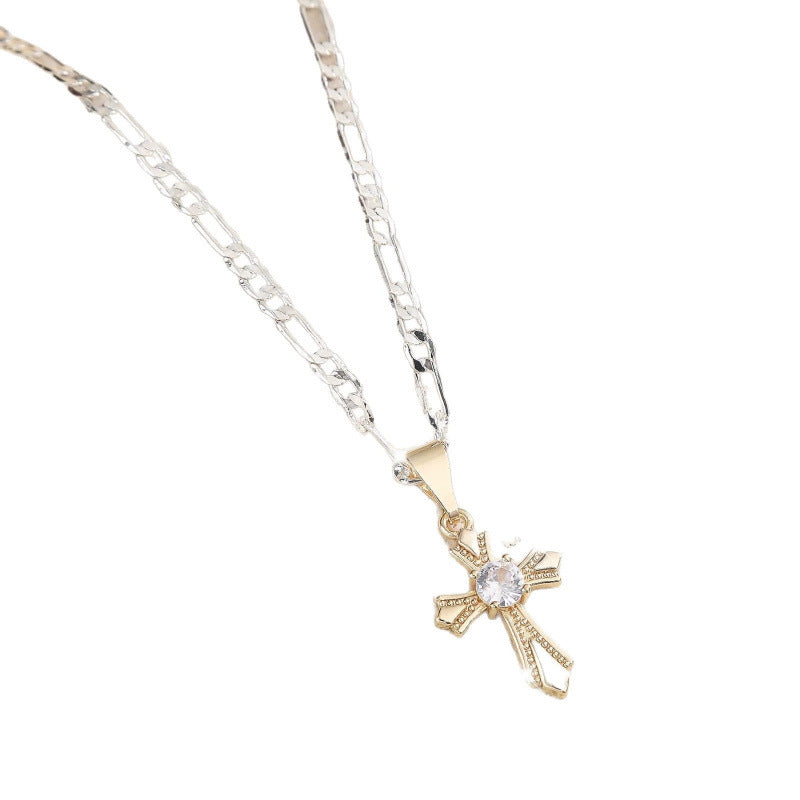 Hip-Hop Cross Pendant Necklace For Unisex With Electroplated Copper And Rhinestone Inlay On Figaro Chain