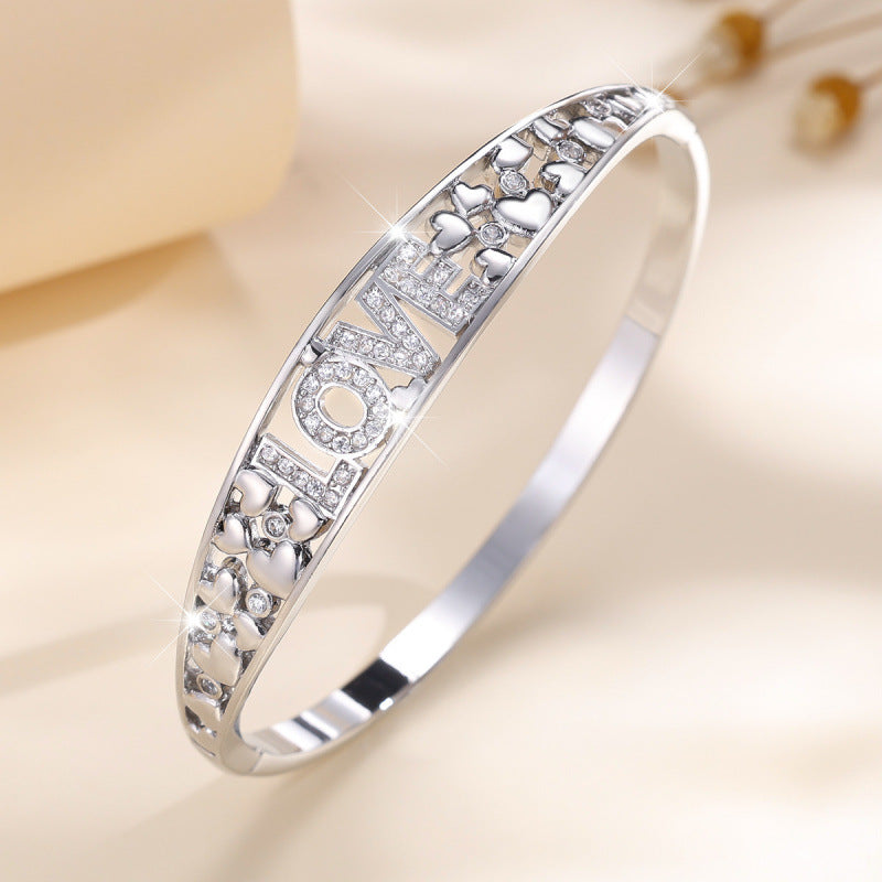 Elegant Love Inlay Bangle For Women, Copper Material With Zircon Inlay And Electroplated Gold Plating