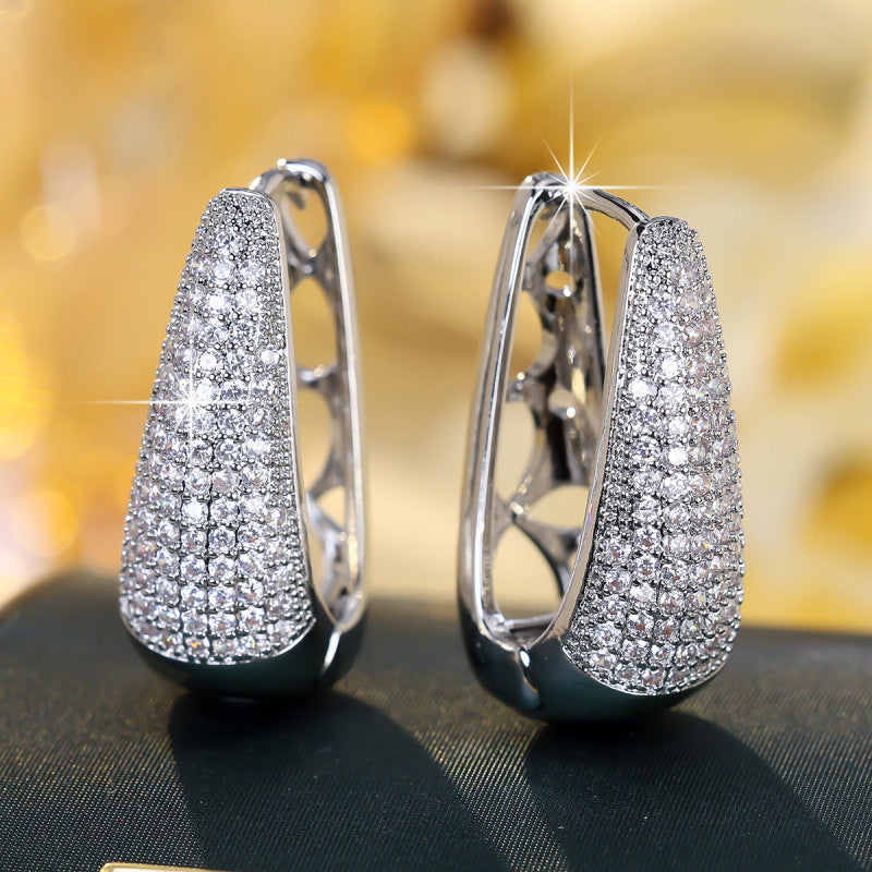 Geometric Silver Earrings For Women Featuring Copper Ear Pins And Zircon Inlay
